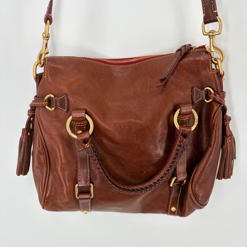 Dooney & Bourke Large Florentine Leather Satchel Chestnut Tassel Strap - Picture 3 of 16